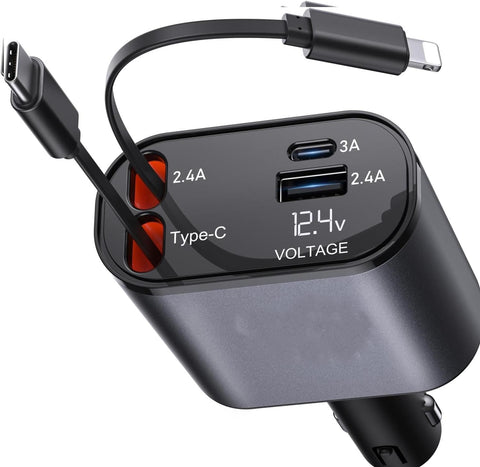 Retractable 4-in-1 Fast Car Charger – 54W Smart Charging for iPhone & Android