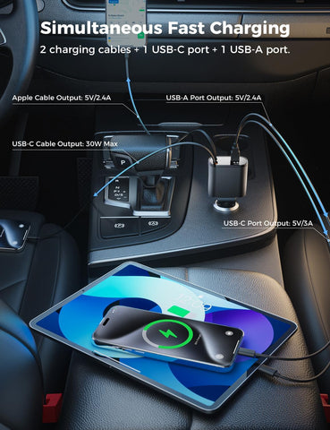 Retractable 4-in-1 Fast Car Charger – 54W Smart Charging for iPhone & Android